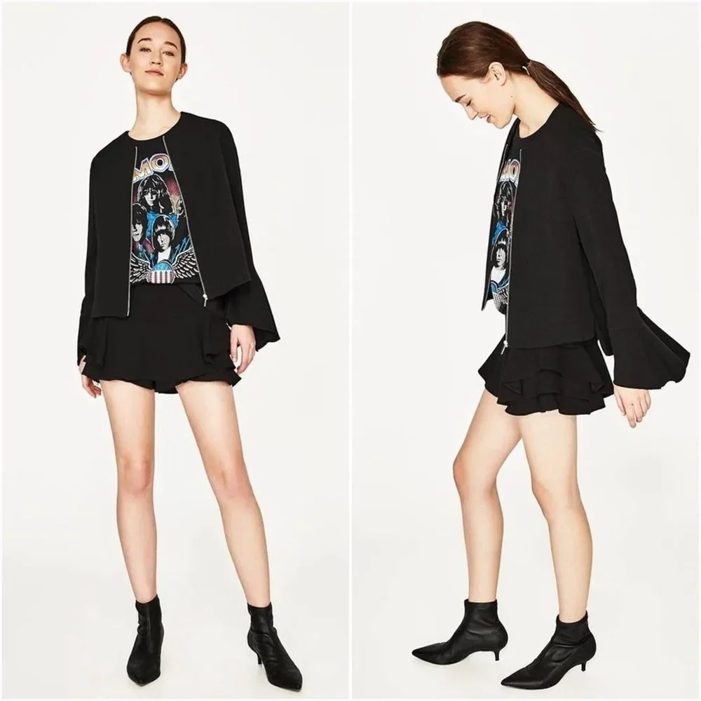 Zara Black Crepe Full Zip Ruffle Bell Sleeve Jacket, Size S NWOT